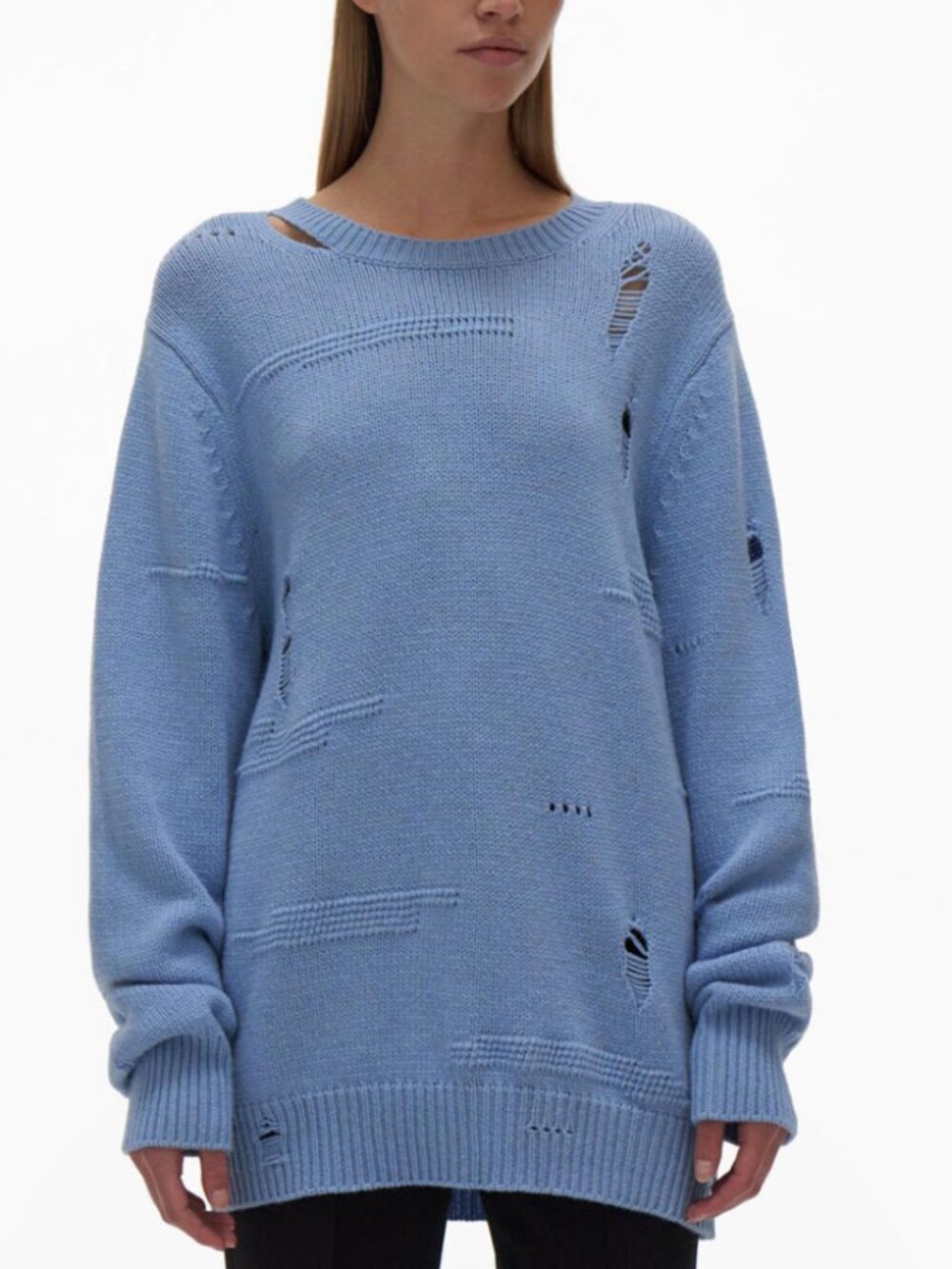 Helmut Lang Blue Wool Distressed Sweater XL Aquarius Yak Cashmere